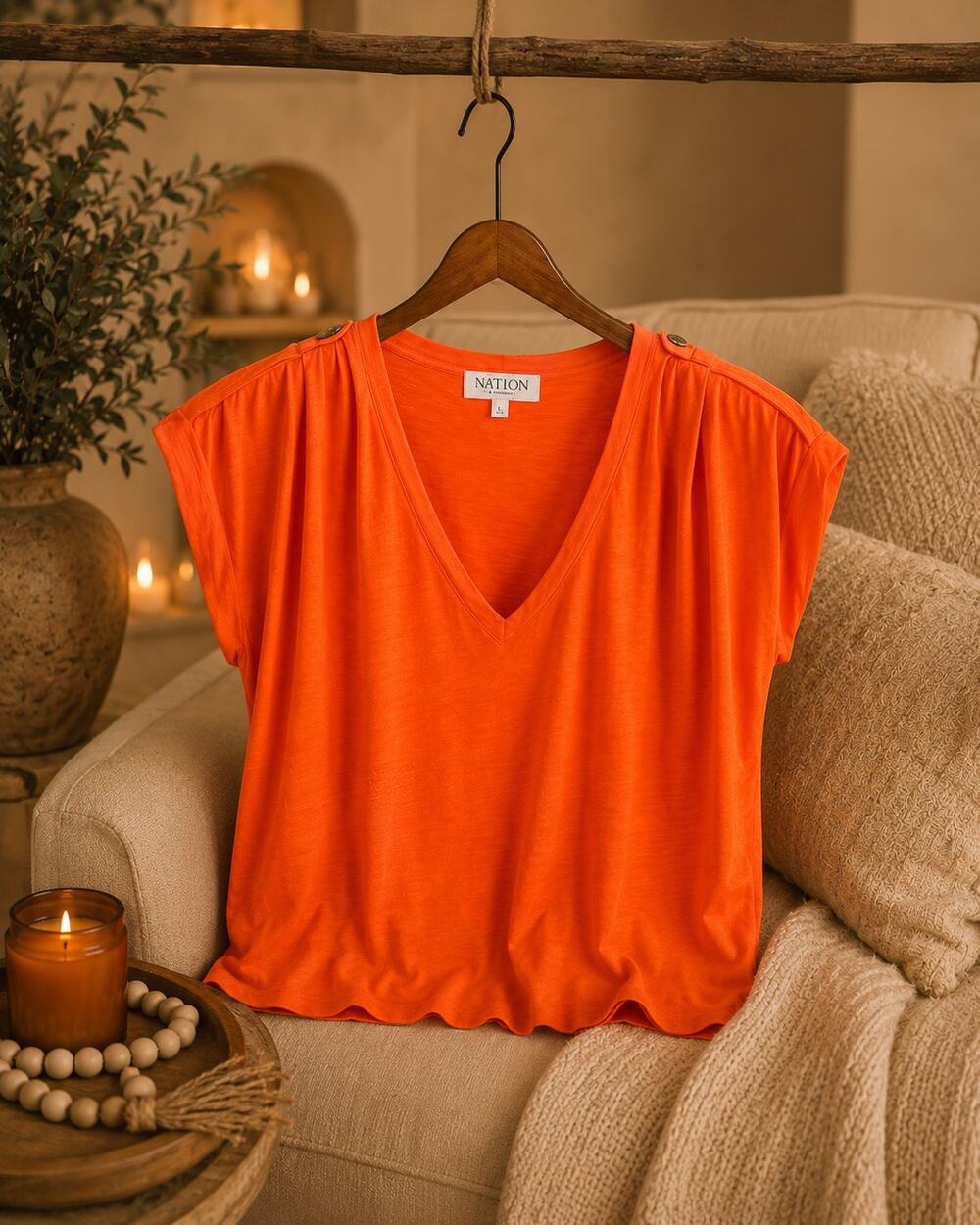 Nation LTD Cooper Tank Orange V Neck Epaulet Top Rolled Sleeve Lg Casual Chic
